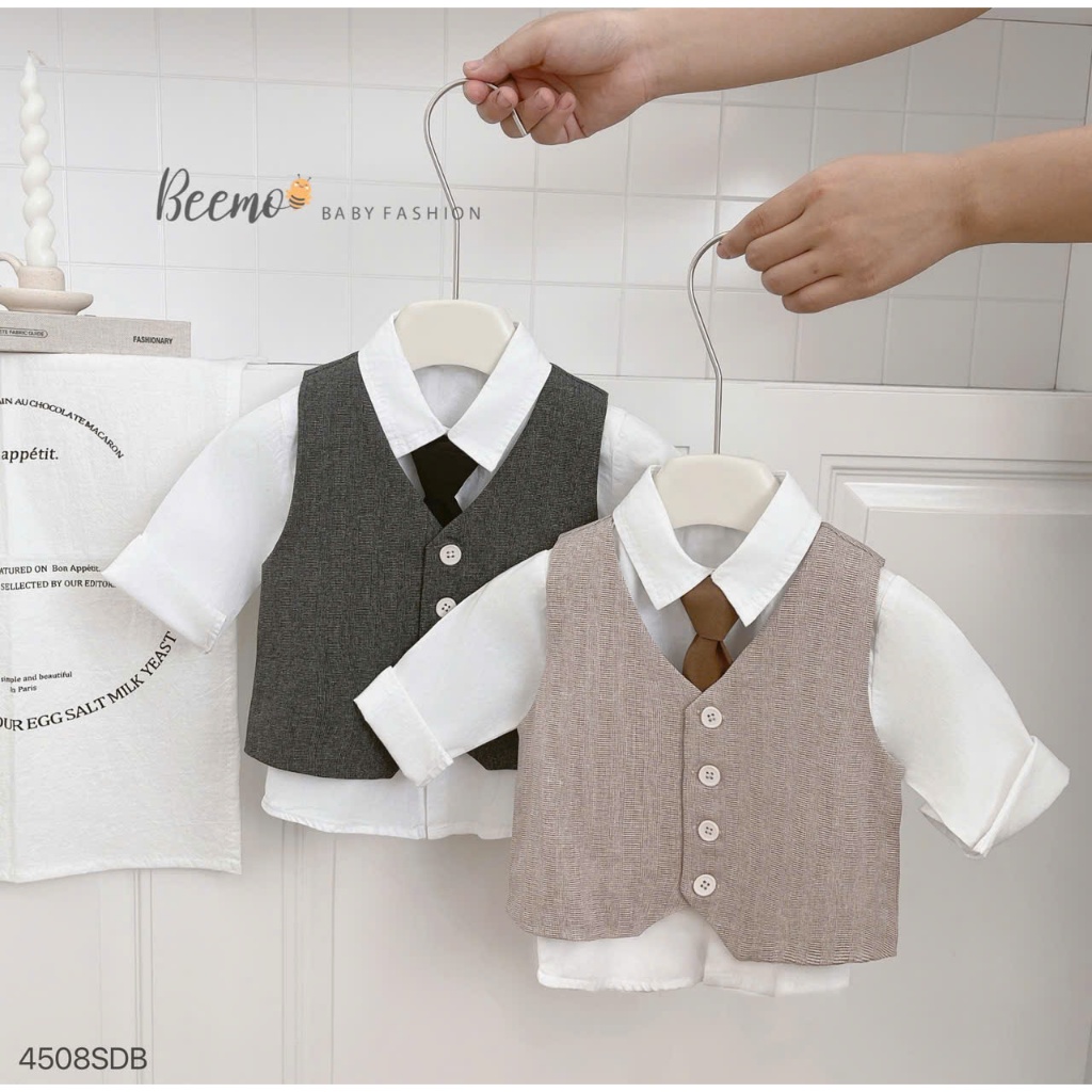 Bộ sơ mi vest phối sơ mi bé trai (kèm cavat), set công tử sơ mi phối gile, quần âu bé trai