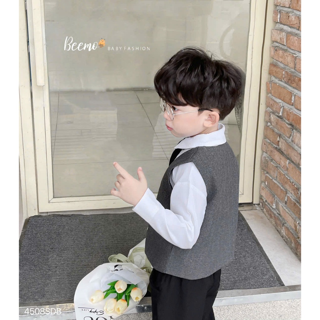 Bộ sơ mi vest phối sơ mi bé trai (kèm cavat), set công tử sơ mi phối gile, quần âu bé trai
