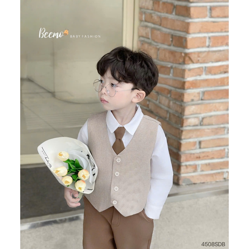 Bộ sơ mi vest phối sơ mi bé trai (kèm cavat), set công tử sơ mi phối gile, quần âu bé trai