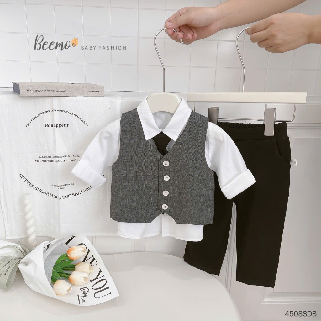 Bộ sơ mi vest phối sơ mi bé trai (kèm cavat), set công tử sơ mi phối gile, quần âu bé trai
