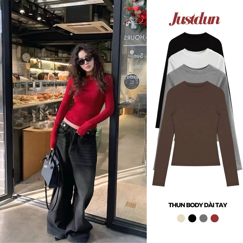 Áo Thun Nữ Dài Tay JUSTDUN A8 Cổ Tròn, Cotton Mịn Dày Dặn, Siêu Co Giãn Mềm Mại, Tôn Dáng