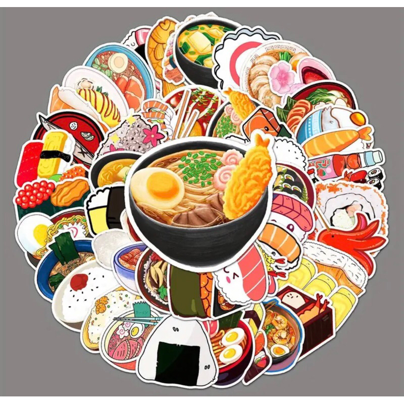 60 sticker món ăn nhật bản, sushi, sashimi, cơm cuộn hấp dẫn  trang trí sổ tay note book laptop mũ bảo hiểm chống nước