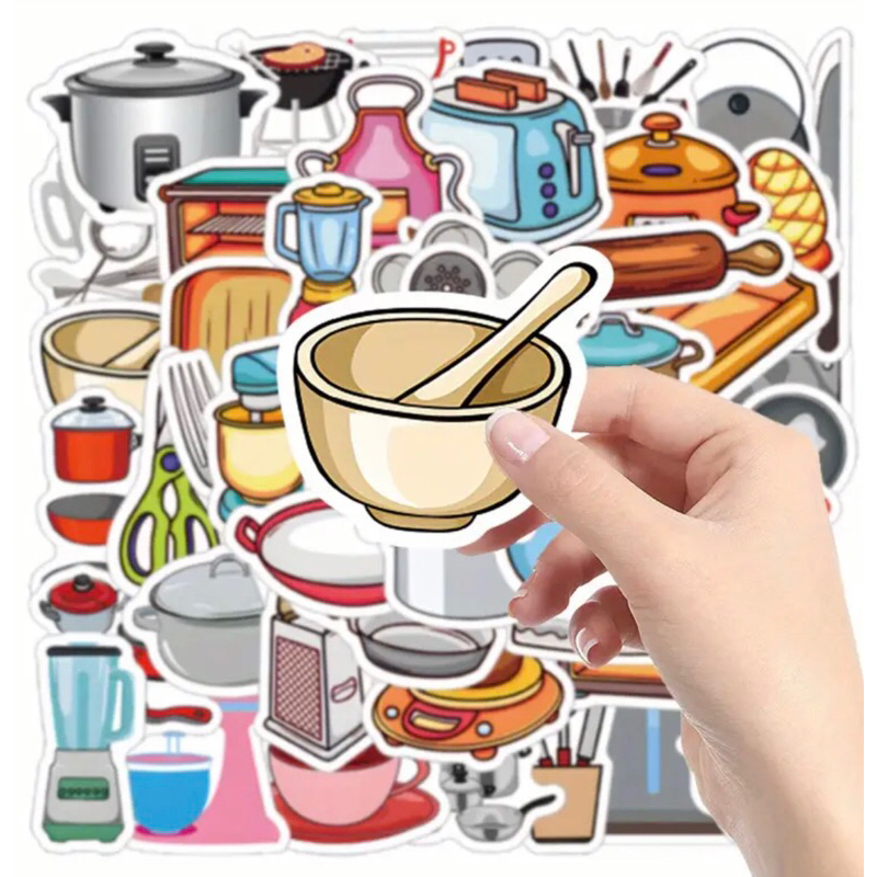 100 sticker dụng cụ nấu ăn trang trí đồ chơi cho bé sticker dán mũ bảo hiểm, điện thoại, notebook , laptop, vali sổ tay