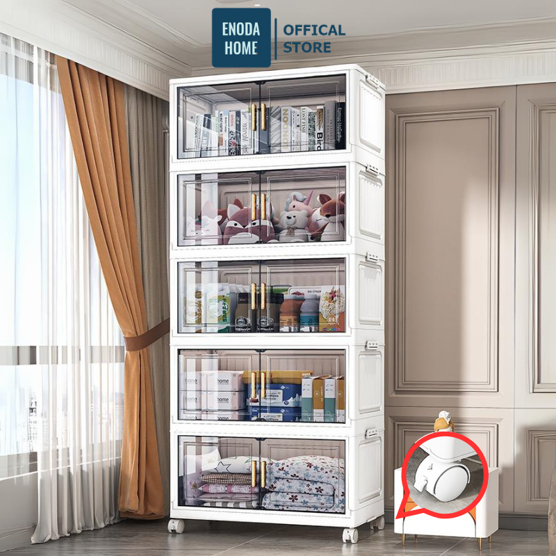 Tủ Nhựa Gấp Gọn ENODA HOME, Tủ Đựng Đồ Đa Năng Cửa Trong Suốt Có Bánh Xe, Khóa Cài Cố Định Tiện Lợi TUN049