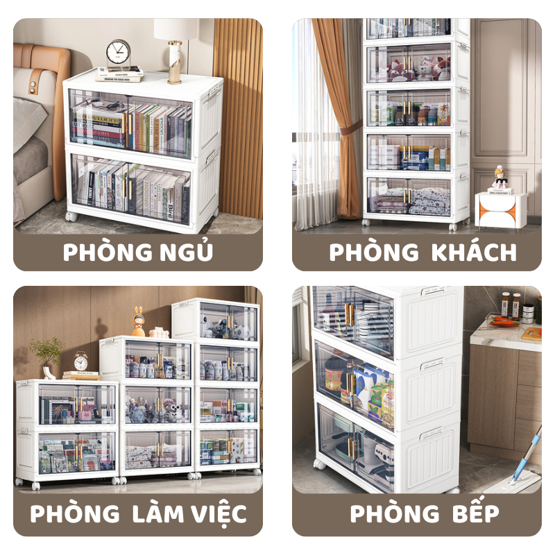 Tủ Nhựa Gấp Gọn ENODA HOME, Tủ Đựng Đồ Đa Năng Cửa Trong Suốt Có Bánh Xe, Khóa Cài Cố Định Tiện Lợi TUN049