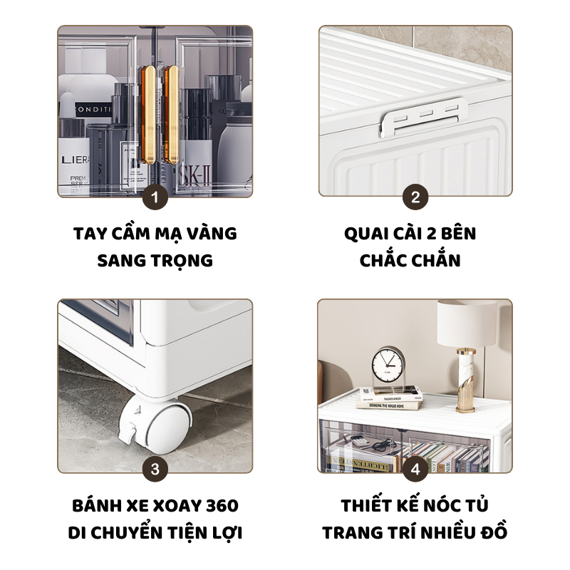 Tủ Nhựa Gấp Gọn ENODA HOME, Tủ Đựng Đồ Đa Năng Cửa Trong Suốt Có Bánh Xe, Khóa Cài Cố Định Tiện Lợi TUN049