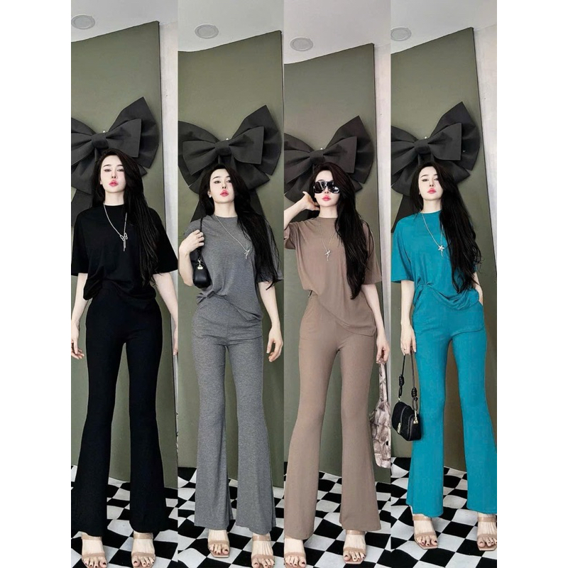 L89- sét bộ thun tăm form rộng, áo cổ tròn tay ngắn xẻ tà freesize, quần dài dáng loe màu trơn
