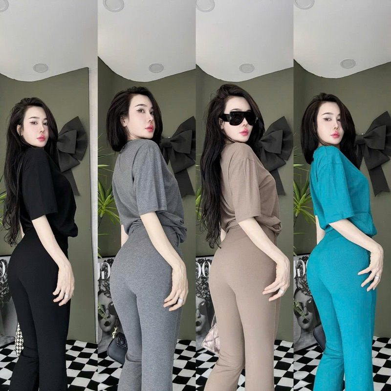 L89- sét bộ thun tăm form rộng, áo cổ tròn tay ngắn xẻ tà freesize, quần dài dáng loe màu trơn