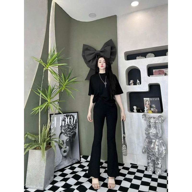 L89- sét bộ thun tăm form rộng, áo cổ tròn tay ngắn xẻ tà freesize, quần dài dáng loe màu trơn