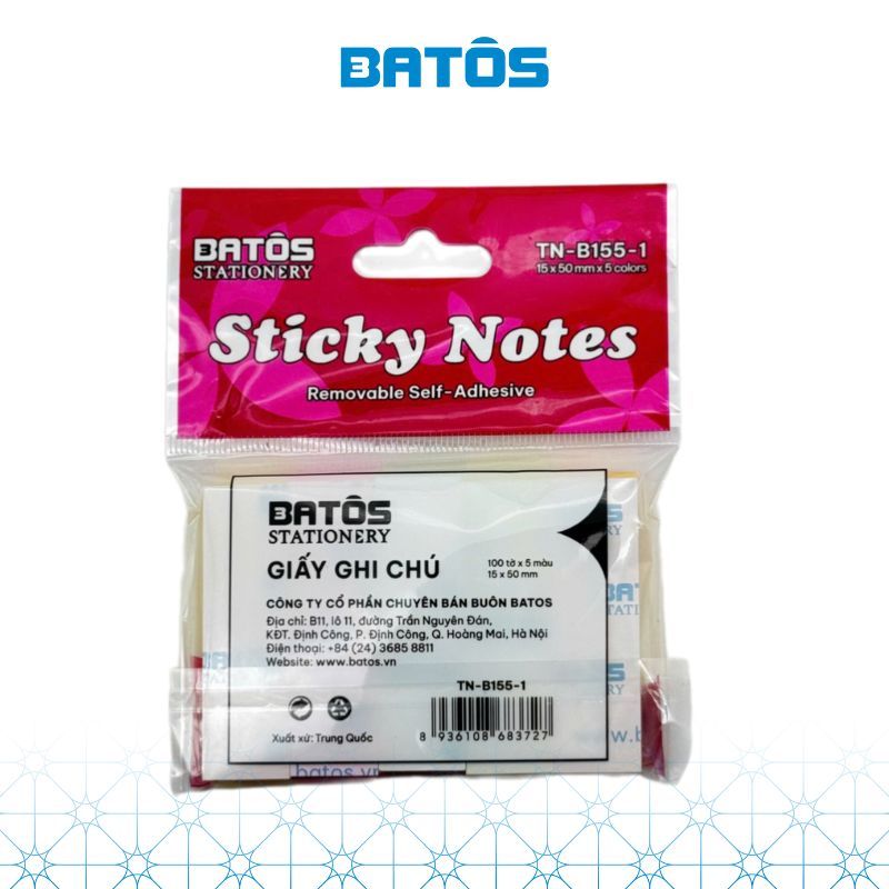 [Có VAT] Giấy note đánh dấu trang Batos Stationery TN-B155-1 5 màu/ túi