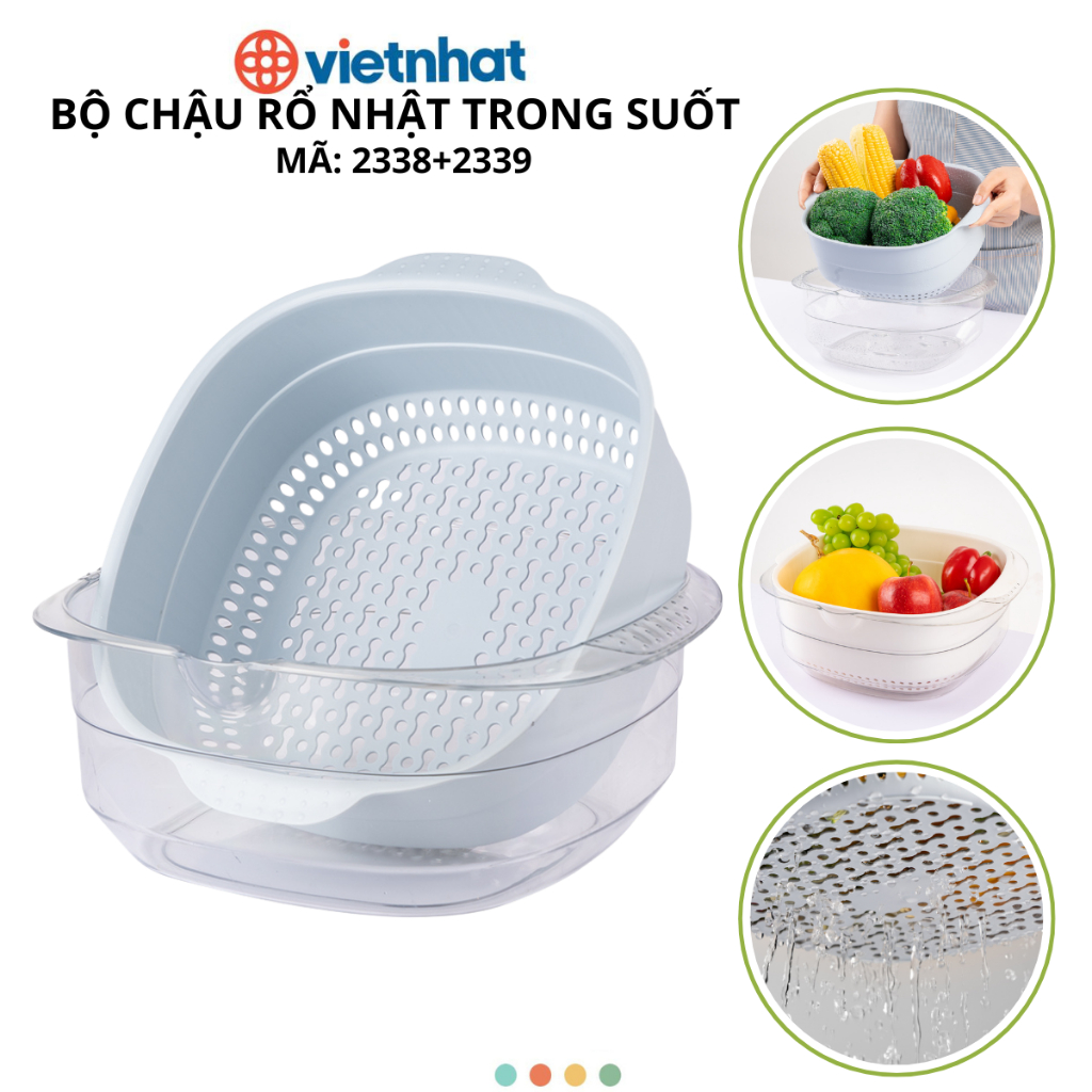 Bộ chậu kèm rổ trong suốt Hokori Chính Hãng Việt Nhật Plastic (mã 2338+2339)