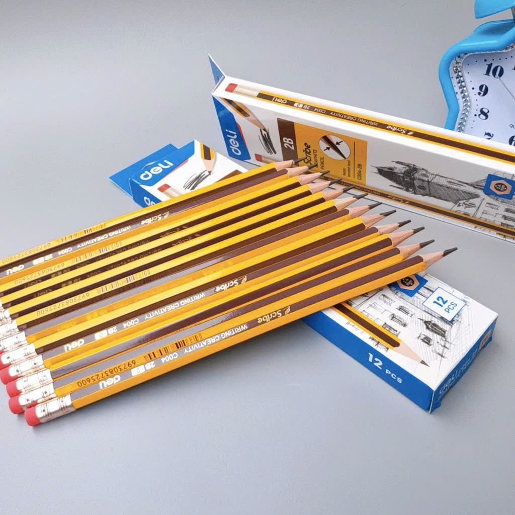 [Chính hãng] Bút chì 2B Deli - Viết chì - Scribe kẻ sọc vàng sọc đen - 12 chiếc/ hộp - C004