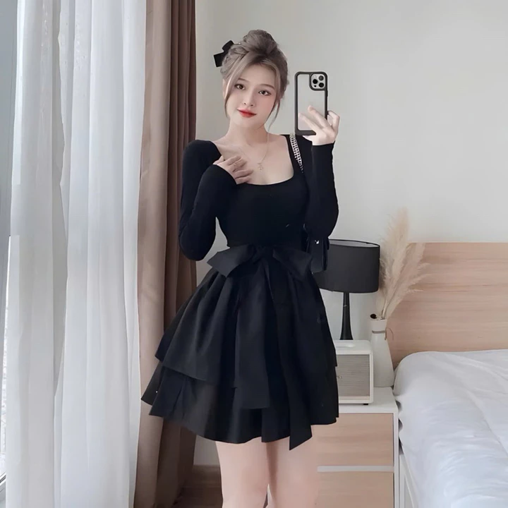 Đầm Váy Nữ Tay Dài Bigsize 40-95kg Thun Tăm Phối Váy Tầng Lụa Cột Nơ Mã DV003 Dress Women Váy Tiệc,Tết