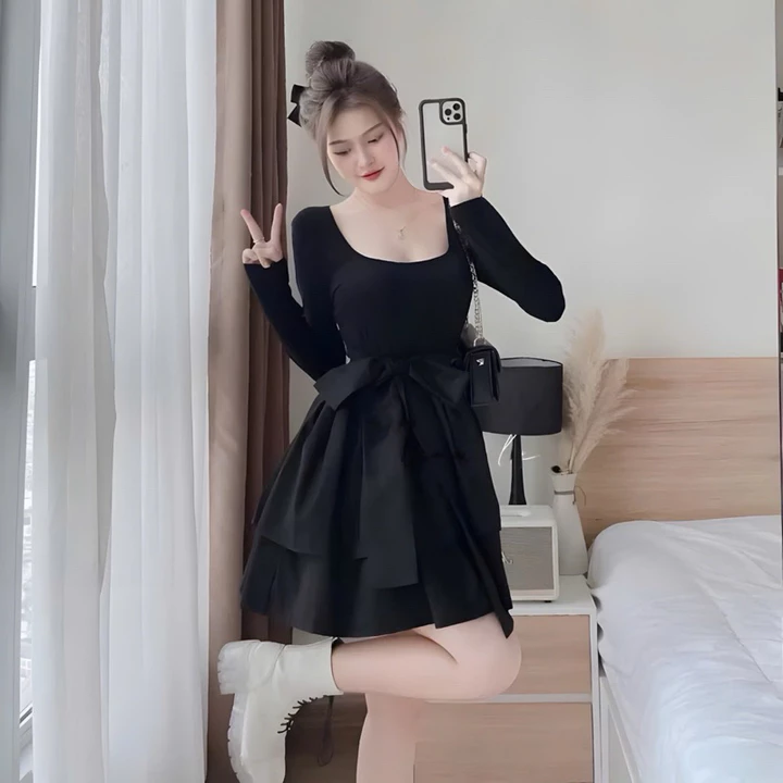 Đầm Váy Nữ Tay Dài Bigsize 40-95kg Thun Tăm Phối Váy Tầng Lụa Cột Nơ Mã DV003 Dress Women Váy Tiệc,Tết