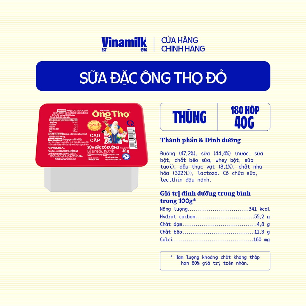 Thùng 180 hộp Sữa đặc có đường Ông Thọ đỏ - Hộp 40g