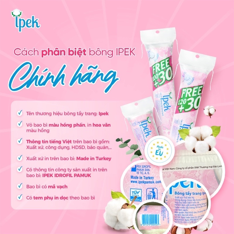 Ảnh Combo 4 cây bông tẩy trang IPEK chính hãng Thổ Nhĩ Kỳ 100% cotton tự nhiên (4*150) 3