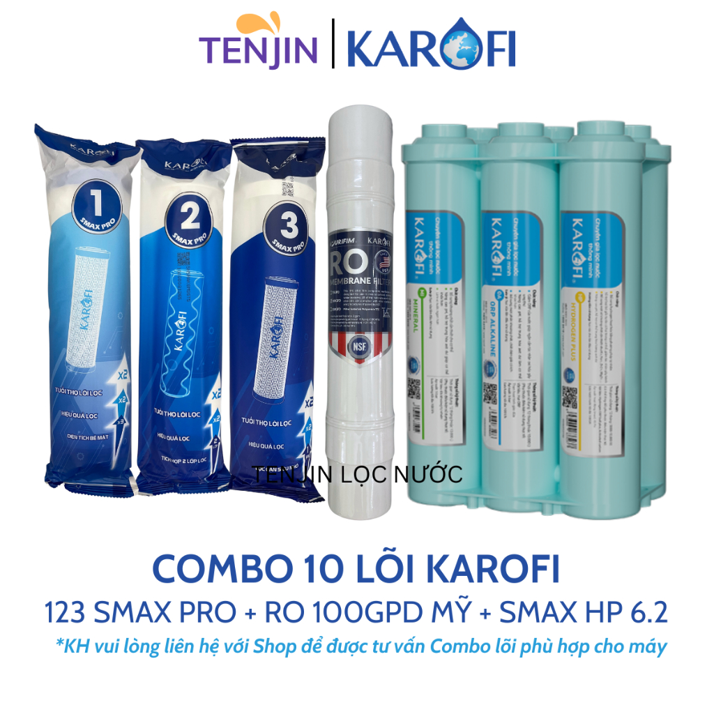 Combo 10 Lõi Lọc Nước Dùng Cho Máy Lọc Nước Karofi P95, Gồm 123 Smax Pro + RO Mỹ Và Bộ HP 6.2 Hiệu Suất Cao