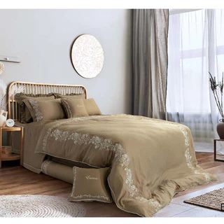 Bộ Drap chăn ga Everon EST 23036 Hoa Đá, họa tiết thêu vải tencel cao cấp, tông màu nâu cát sáng