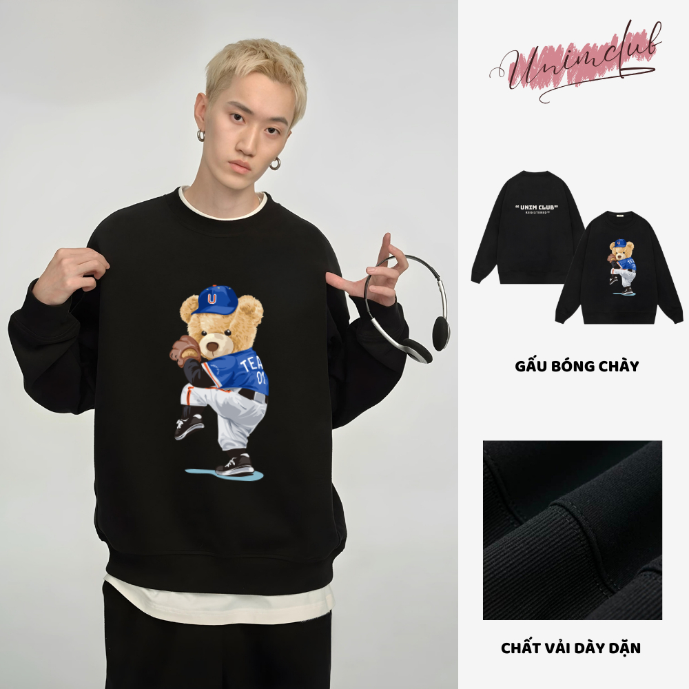 Áo Sweater Gấu Bóng Chày Vải Nỉ Chân Cua Cao Cấp Nhiều Màu From Unisex Unim Store - SW12