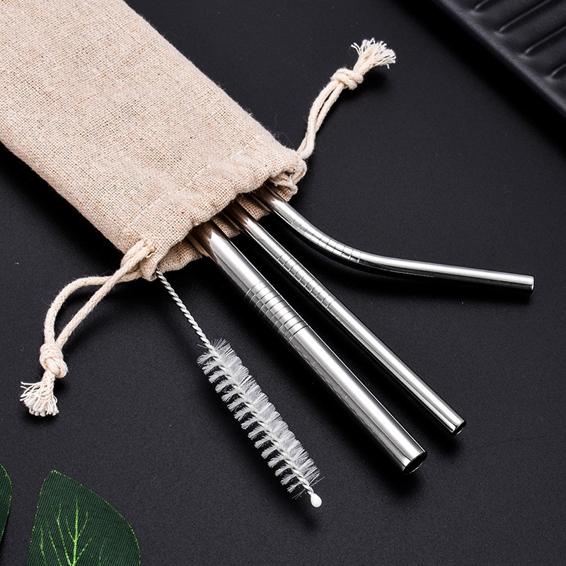 Ống hút Inox 304 (thép không gỉ) kèm cọ rửa và túi vải, sử dụng nhiều lần, thân thiện với môi trường