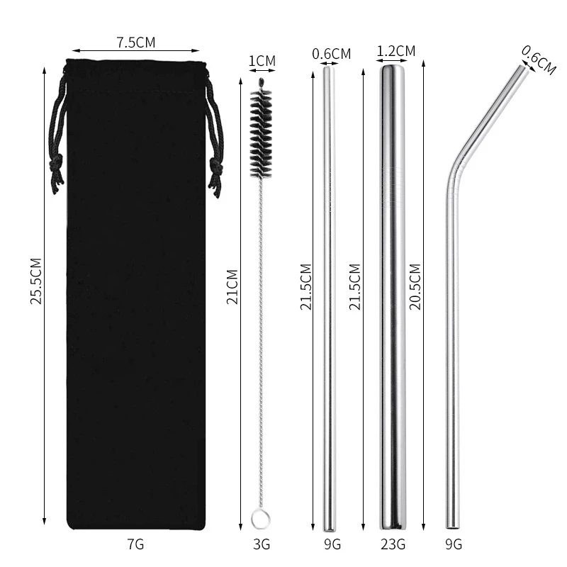 Ống hút Inox 304 (thép không gỉ) kèm cọ rửa và túi vải, sử dụng nhiều lần, thân thiện với môi trường