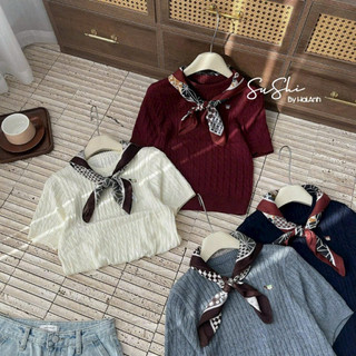 Áo len cộc tay xoắn thừng tặng kèm khăn quàng cổ hoạ tiết free size 698