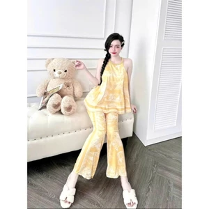 Đồ ngủ cổ yếm hở lưng quần dài nữ vải Latin in 3D cao cấp freesize dưới 54kg - cn98