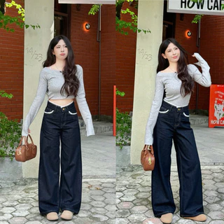 [PREMIUM]Quần jeans nữ ống rộng màu than phối ren nổi bật - MINI006