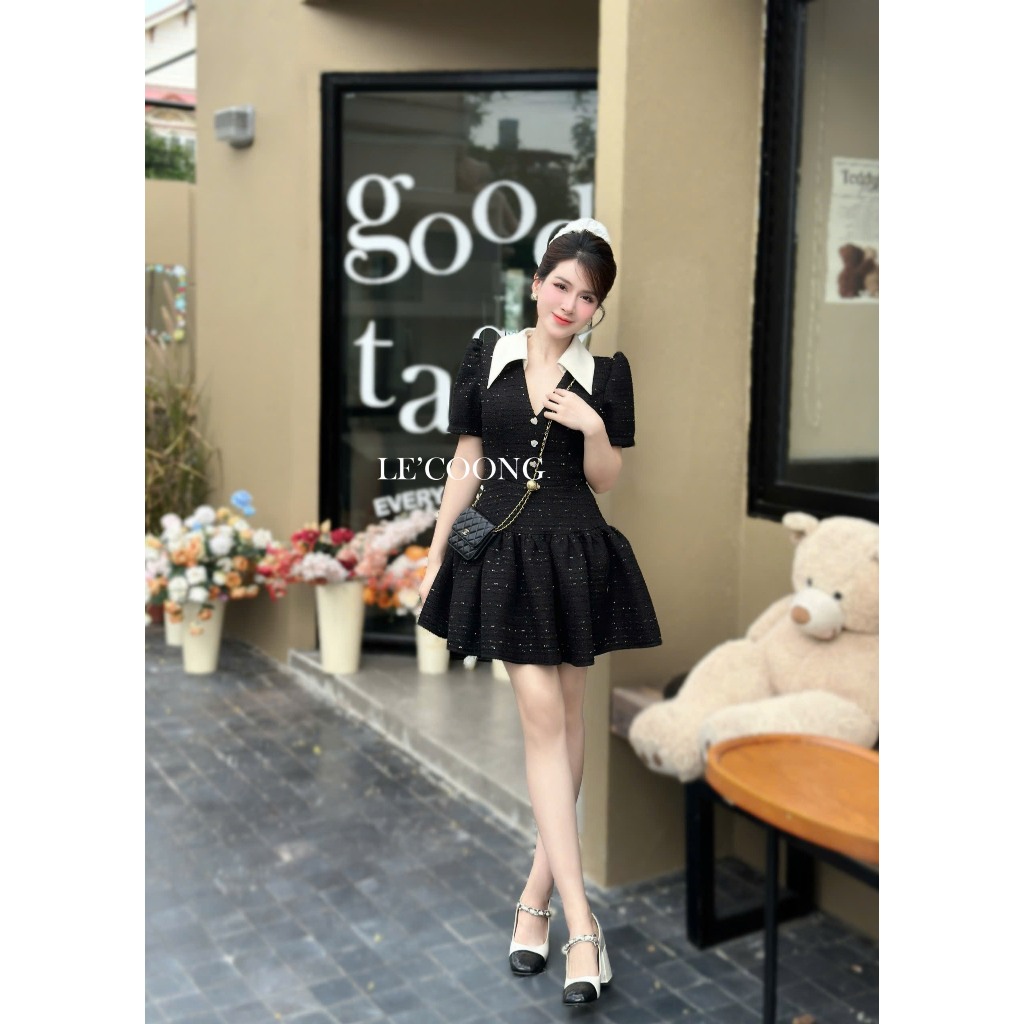 Ảnh Váy Tiểu Thư Dáng Ngắn Cổ V LECOONG V682  Đầm Đẹp Xòe Bồng Màu Đỏ Đen Xanh 4