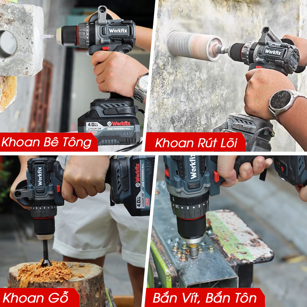 Máy Khoan RÚT LÕI Workfix WF-ID13100AK Lực 100N Chuyên Rút Lõi, Khoan Tường, Bắn Vít Máy khoan dùng pin