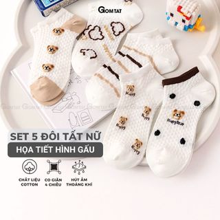 Combo 5 đôi tất nữ cổ ngắn GOMTAT hình gấu, vớ nữ chất cotton mềm mại, co giãn bền form - CB101