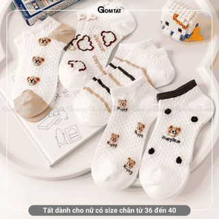 Combo 5 đôi tất nữ cổ ngắn GOMTAT hình gấu, vớ nữ chất cotton mềm mại, co giãn bền form - CB101