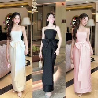 Đầm dạ hội maxi hai dây đính nơ dài tặng hoa tai
