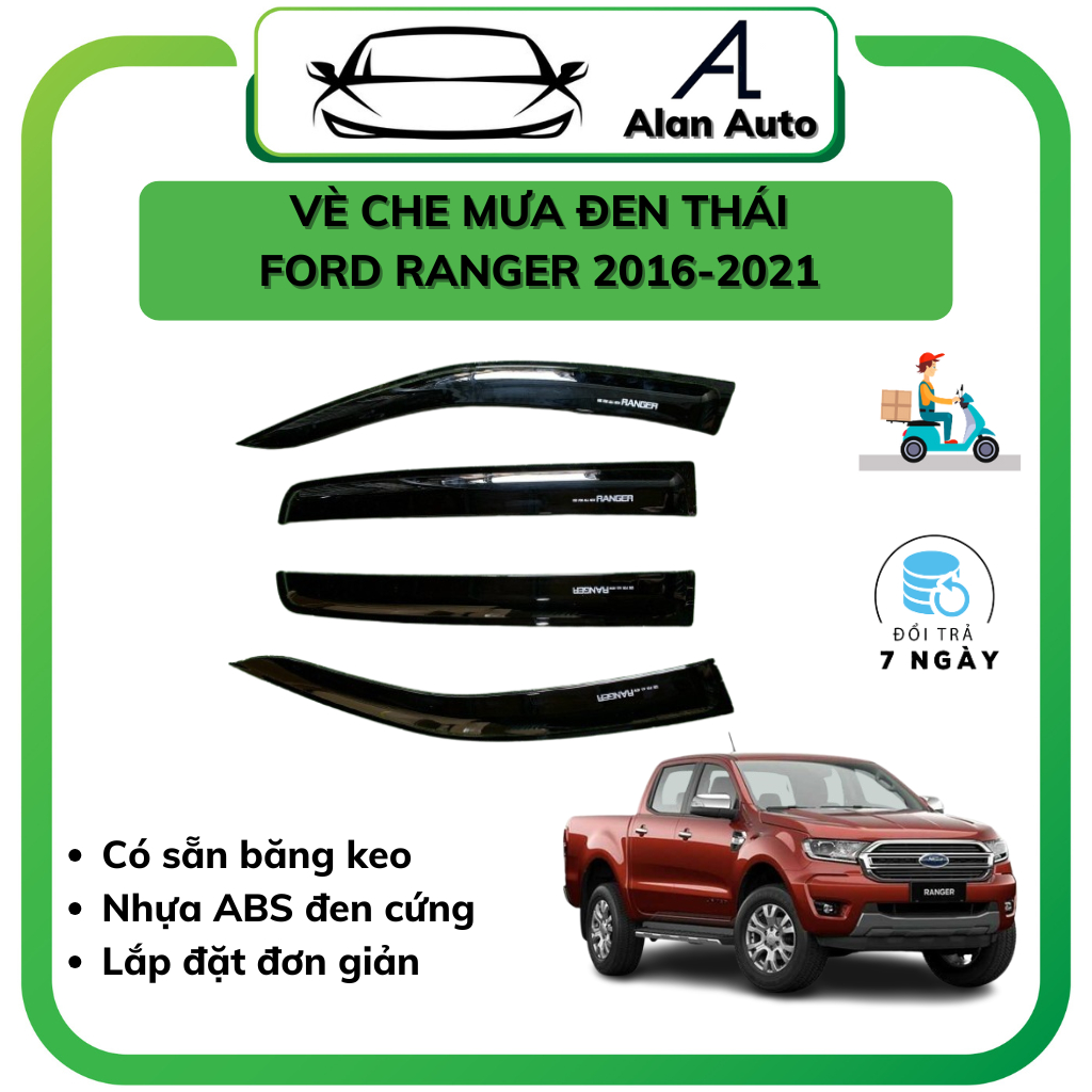 Bộ vè che mưa Ford Ranger 2016-2021, Vè mưa nhựa đen Thái Lan ABS cao cấp, Dày dặn cứng cáp