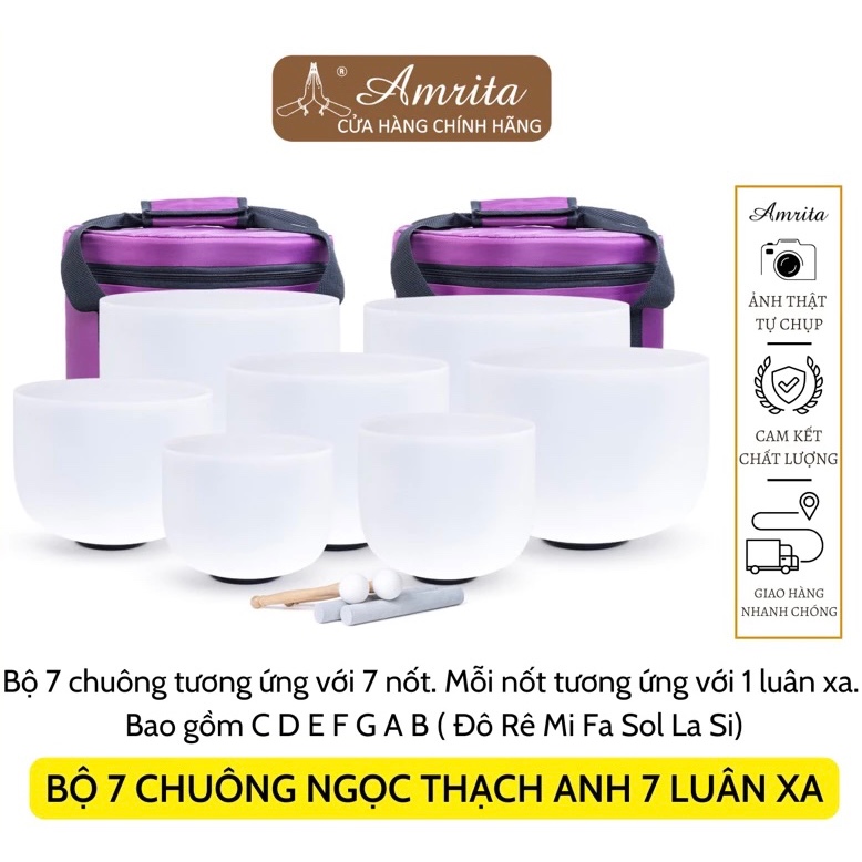 [ hàng sẵn ]BỘ CHUÔNG XOAY CRYSTAL TRẮNG 7 LUÂN XA -7 nốt chuông ngọc -chuông pha lê -chuông Ngọc thạch anh - Amrita