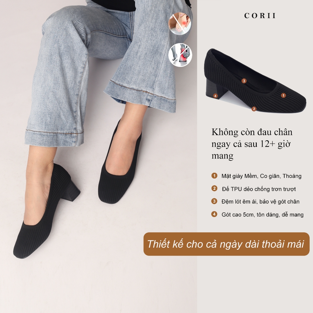 CORII - Giày Bít Cao Gót Mũi Vuông The Elegance Wavy Thời Trang và Thoải Mái Nhất - CR4EGW1 Đen