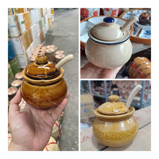 Bộ Hủ Gốm Đựng Gia Vị Kèm Muỗng Và Nắp Vẽ Gà/ Cá Nhiều Màu Xinh Tiện Dụng - Gốm Xưa Lái Thiêu Cho Người Hoài Niệm