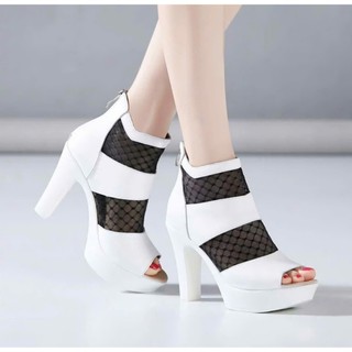 GIÀY BỐT HỞ MŨI PHỐI LƯỚI DA XỊN 10CM HFAHG1 CKC