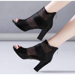 GIÀY BỐT HỞ MŨI PHỐI LƯỚI DA XỊN 10CM HFAHG1 CKC