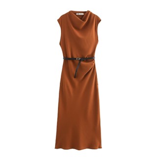 đầm Zara made in Morocco midi trơn có belt kèm