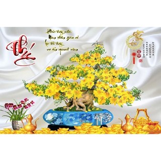 Tranh dán tường hoa mai hoa đào, tranh 3D dán tường in trên chất liệu vải lụa (shop tặng kèm keo dán)