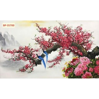 Tranh dán tường hoa mai hoa đào, tranh 3D dán tường in trên chất liệu vải lụa (shop tặng kèm keo dán)
