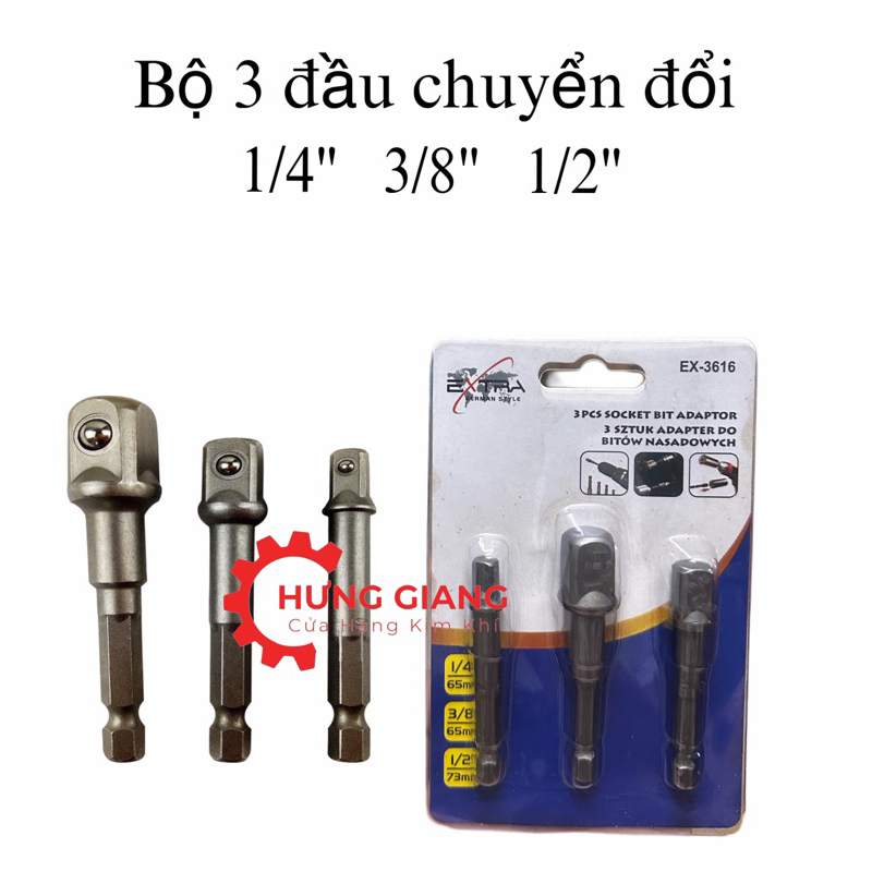 Bộ 3 Đầu Chuyển Đổi Từ Khoan Ra 1/2" 3/8" 1/4" Chuôi Lục Giác
