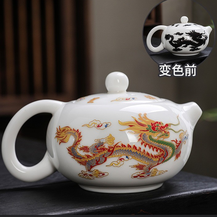 Bộ - Bộ ấm trà gia đình cốc thủy tinh rồng phượng đổi màu ngọc bích béo khi gặp nhiệt đổi màu làm quà tặngười lớn tuổi