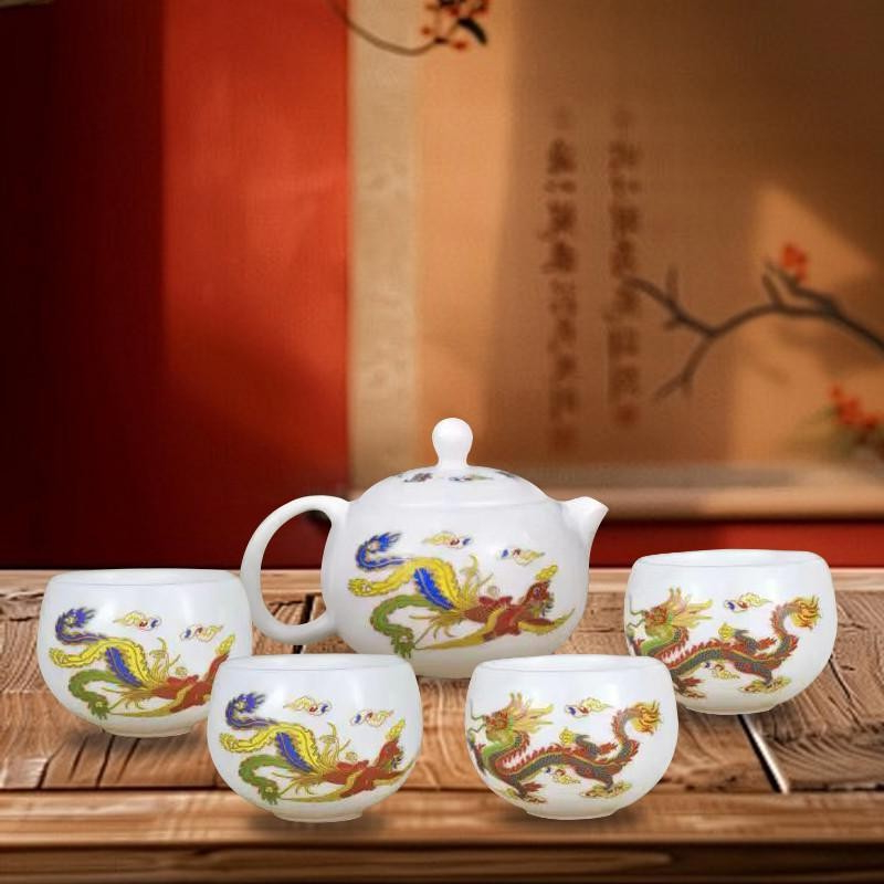Bộ ấm trà thủy tinh rồng phượng đổi màu ngọc bích khi gặp nhiệt - Hình ảnh thực tế