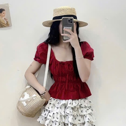 Áo kiểu nữ Joolate babydoll linen tay phồng tiểu thư bo thân nơ coquette ngực