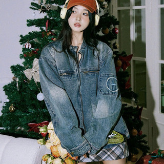 Áo Jeans Nam Nữ Màu Xanh Đậm Phối Hình Thêu Ở Tay, From Rộng Thời Trang Unisex