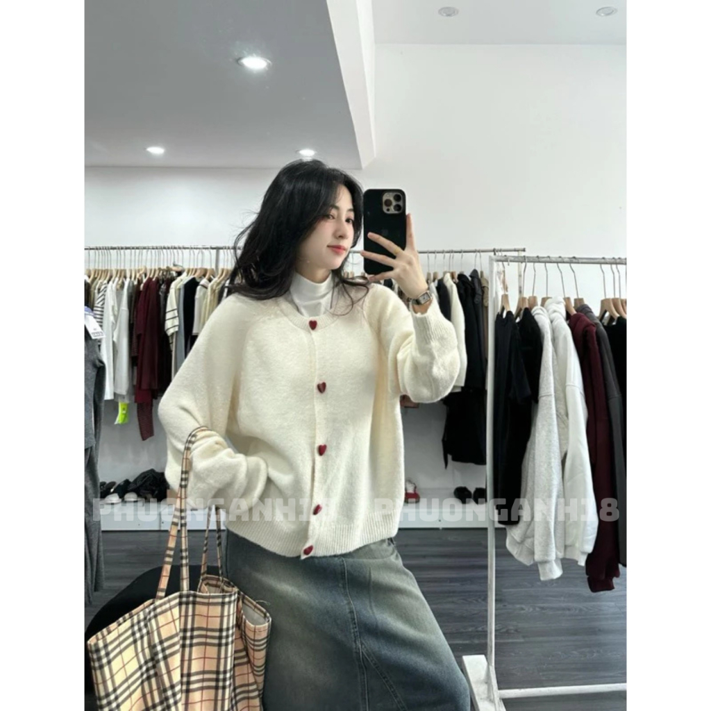Áo len Cardigan cúc tim hàng QC phong cách hàn quốc
