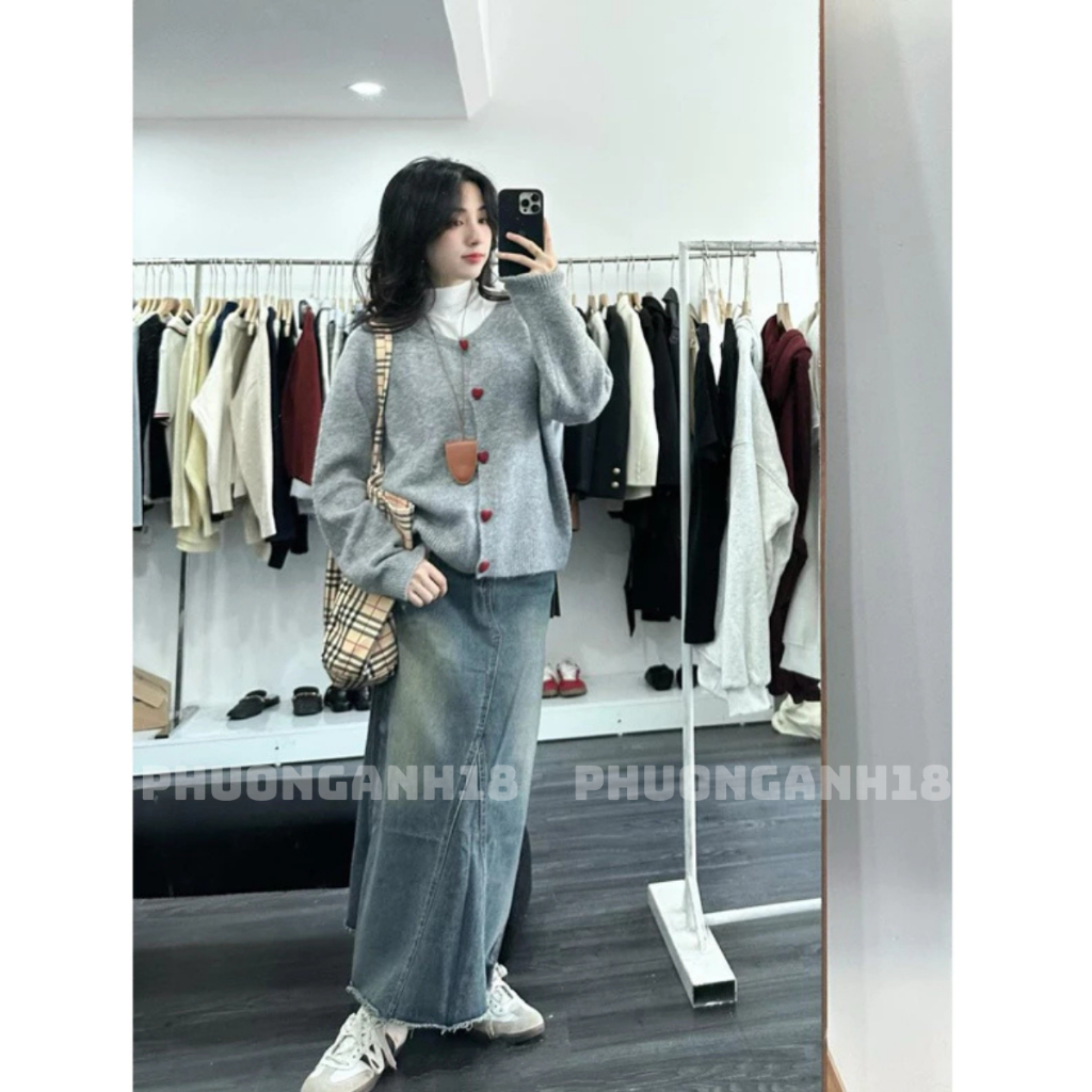 Áo len Cardigan cúc tim hàng QC phong cách hàn quốc