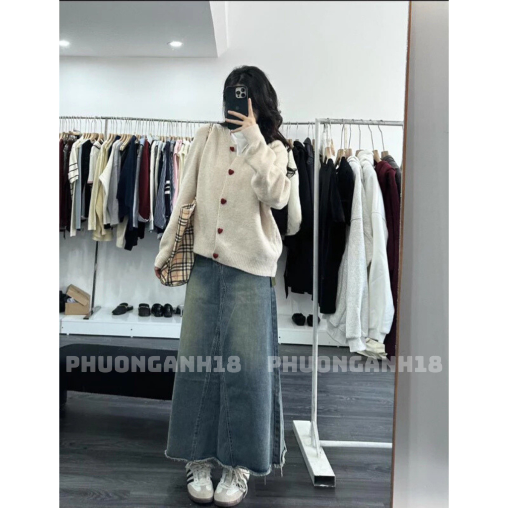 Áo len Cardigan cúc tim hàng QC phong cách hàn quốc
